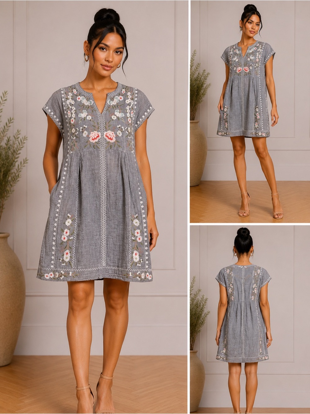 Johnny Was Workshop Gray Embroidered Floral Gauze Tunic Dress Small